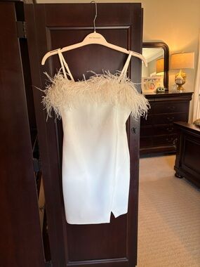 Likely Cream Feather-Trim Slip Dress